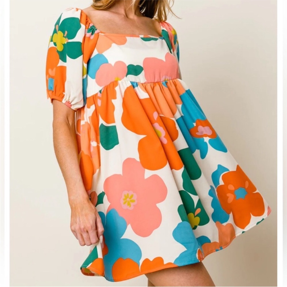BiBi Multicolor Floral Mini Dress - Orange, Pink, Teal, Green, White